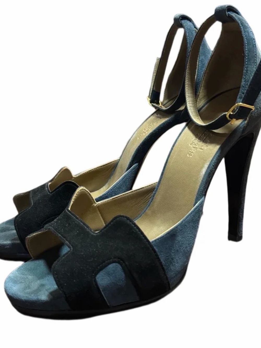 Hermes Highlight Heel Suede Open-Toe Ankle Strap High Heels in Teal and Black
